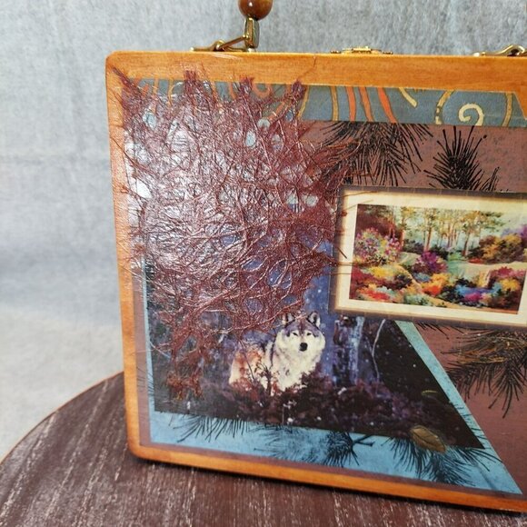 Handmade Wooden Purse With Nature-Inspired Wolf & Landscape Artwork Beaded Handl - Picture 7 of 16
